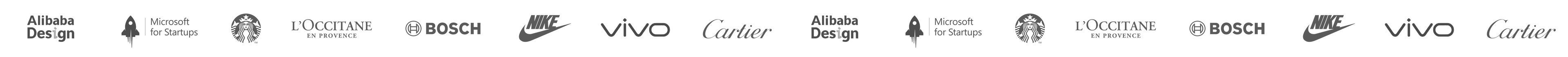 Alibaba Design, Microsoft for Startups, Starbucks, L'Occitane, Bosch, Nike, vivo, and Cartier