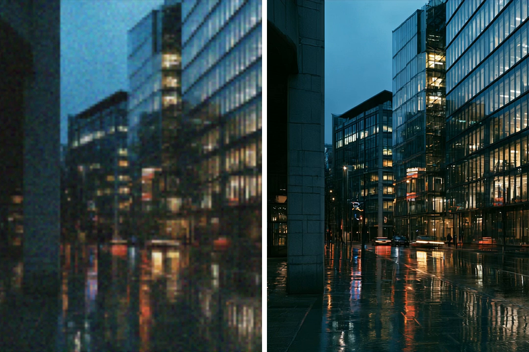 Original and enhanced city footage